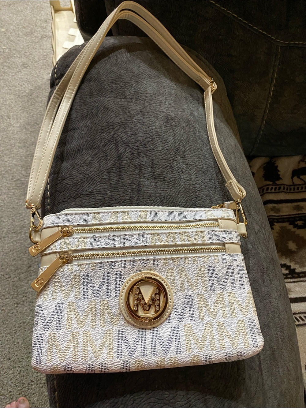 Cream Monogram Crossbody Bag with Gold Accents